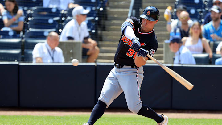 Kerry Carpenter (30) singles during the first inning against the New York Yankees at George M. Steinbrenner Field. Kerry Carpenter (30) singles during the first inning against the New York Yankees at George M. Steinbrenner Field.