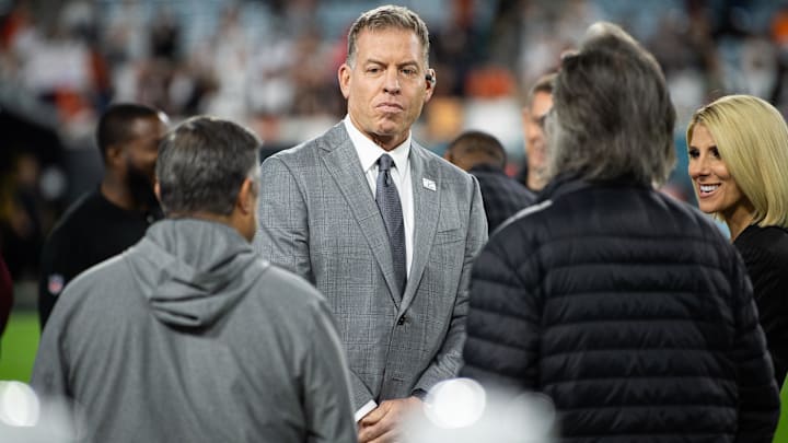 Dec 4, 2023; Jacksonville, Florida, USA; ESPN commentator Troy Aikman before the game of Jacksonville Jaguars against the Cincinnati Bengals at EverBank Stadium. Mandatory Credit: Jeremy Reper-Imagn Images