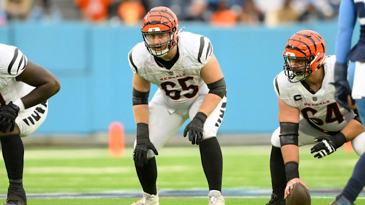 Dec 15, 2024; Nashville, Tennessee, USA;  Cincinnati Bengals guard Alex Cappa (65) in his stance against the Tennessee Titans during the first half at Nissan Stadium. Mandatory Credit: Steve Roberts-Imagn Images