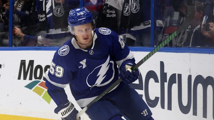 Mar 17, 2025; Tampa, Florida, USA; Tampa Bay Lightning center Jake Guentzel (59) scores a goal against the Philadelphia Flyers  during the third period at Amalie Arena. Mandatory Credit: Kim Klement Neitzel-Imagn Images