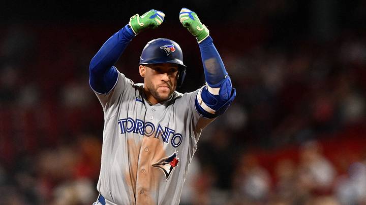 Jun 16, 2026; Boston, Massachusetts, USA; Toronto Blue Jays designated hitter George Springer (4) reacts after hitting a home run against the Boston Red Sox during the ninth inning at Fenway Park. Mandatory Credit: Brian Fluharty-Imagn Images