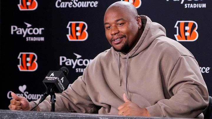 Newly signed Cincinnati Bengals defense tackle Dexter Lawrence speaks in a press conference for the first time since joining the team at Paycor Stadium in Cincinnati on Monday, April 20, 2026.