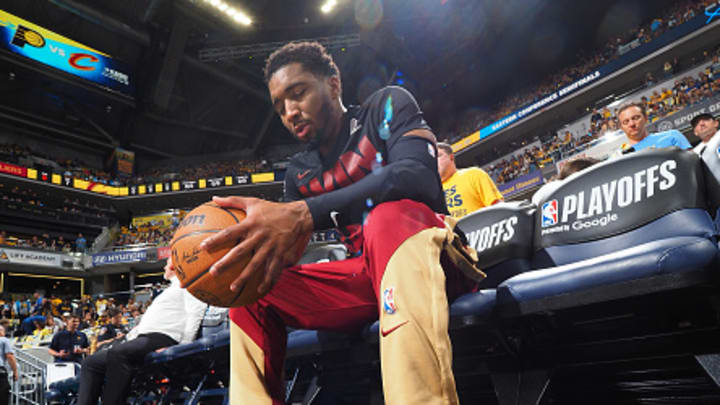 Donovan Mitchell on the bench before Game 4 of the Cavaliers-Pacers series. 