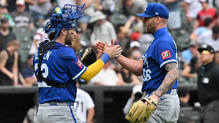 Jun 28, 2026; Chicago, Illinois, USA; Kansas City Royals pitcher Alex Lange (56) celebrates with catcher Carter Jensen (22) after defeating the Chicago White Sox at Rate Field. Mandatory Credit: Patrick Gorski-Imagn Images