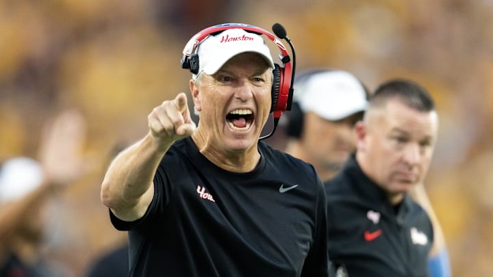 Oct 25, 2025; Tempe, Arizona, USA; Houston Cougars head coach Willie Fritz reacts against the Arizona State Sun Devils at Mountain America Stadium. Mandatory Credit: Mark J. Rebilas-Imagn Images