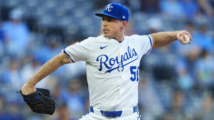 Apr 22, 2025; Kansas City, Missouri, USA; Kansas City Royals starting pitcher Kris Bubic (50) pitches during the first inning against the Colorado Rockies at Kauffman Stadium. Mandatory Credit: Jay Biggerstaff-Imagn Images