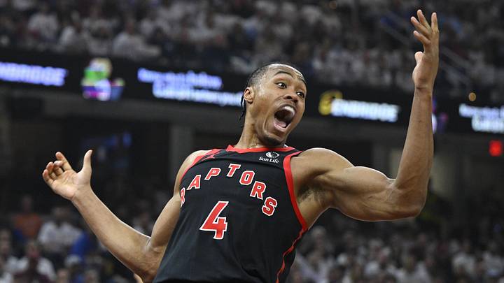 Apr 29, 2026; Cleveland, Ohio, USA; Toronto Raptors forward Scottie Barnes (4) reacts after a dunk against the Cleveland Cavaliers in the first quarter of game five of the first round of the 2026 NBA Playoffs at Rocket Arena. Mandatory Credit: David Richard-Imagn Images Apr 29, 2026; Cleveland, Ohio, USA; Toronto Raptors forward Scottie Barnes (4) reacts after a dunk against the Cleveland Cavaliers in the first quarter of game five of the first round of the 2026 NBA Playoffs at Rocket Arena. Mandatory Credit: David Richard-Imagn Images