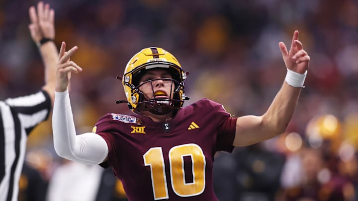 Jan 1, 2025; Atlanta, GA, USA; Arizona State Sun Devils quarterback Sam Leavitt (10) reacts after a play against the Texas Longhorns during the second half of the Peach Bowl at Mercedes-Benz Stadium. Mandatory Credit: Brett Davis-Imagn Images Jan 1, 2025; Atlanta, GA, USA; Arizona State Sun Devils quarterback Sam Leavitt (10) reacts after a play against the Texas Longhorns during the second half of the Peach Bowl at Mercedes-Benz Stadium. Mandatory Credit: Brett Davis-Imagn Images