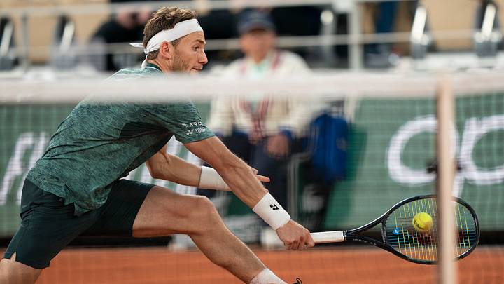 Casper Ruud (NOR) returns a shot during his semifinal match against Marin Cilic (CRO) on day 13 of the French Open at Stade Roland-Garros. Mandatory Credit: Susan Mullane-USA TODAY Sports