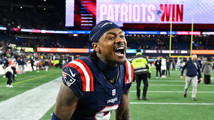 Jan 11, 2026; Foxborough, MA, USA; New England Patriots wide receiver Stefon Diggs (8) reacts after defeating the Los Angeles Chargers in an AFC Wild Card Round game at Gillette Stadium. Mandatory Credit: Eric Canha-Imagn Images