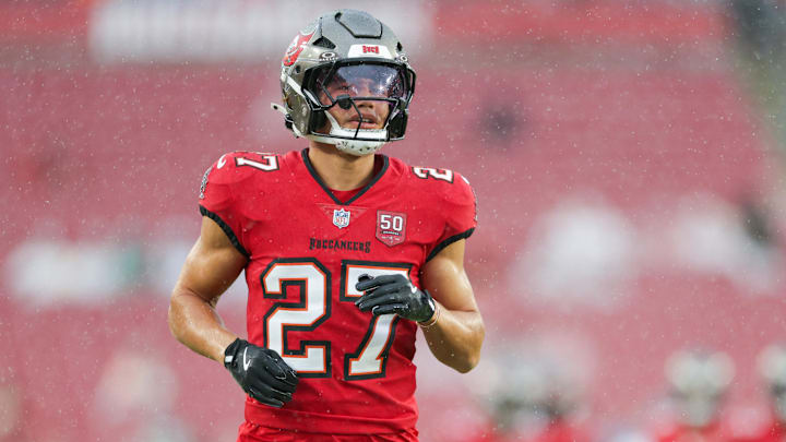 Aug 9, 2025; Tampa, Florida, USA; Tampa Bay Buccaneers cornerback Zyon McCollum (27) warms up before a preseason game against the Tennessee Titans at Raymond James Stadium. Mandatory Credit: Nathan Ray Seebeck-Imagn Images