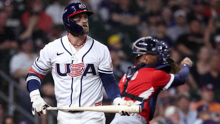 Mar 7, 2026; Houston, TX, United States; United States first baseman Bryce Harper (24) reacts to striking out against Great Britain during the fourth inning at Daikin Park. Mandatory Credit: Troy Taormina-Imagn Images