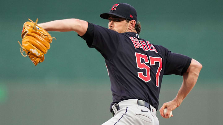 Sep 6, 2022; Kansas City, Missouri, USA; Cleveland Guardians starting pitcher Shane Bieber (57) warms up during the first inning against the Kansas City Royals at Kauffman Stadium. Mandatory Credit: Jay Biggerstaff-Imagn Images