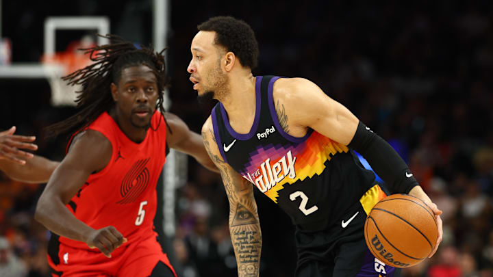 Feb 22, 2026; Phoenix, Arizona, USA; Phoenix Suns guard Amir Coffey (2) against the Portland Trail Blazers in the first half at Mortgage Matchup Center. Mandatory Credit: Mark J. Rebilas-Imagn Images