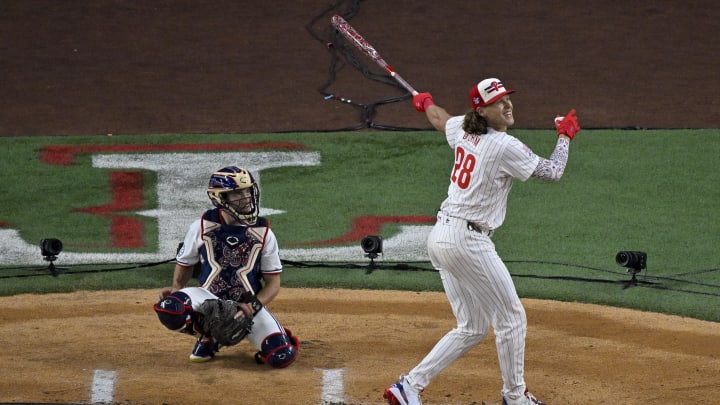 Jul 15, 2024; Arlington, TX, USA; National League third baseman Alec Bohm of the Philadelphia Phillies (28) bats during the semi finals of the 2024 All Star Game Home Run Derby at Globe Life Field. 