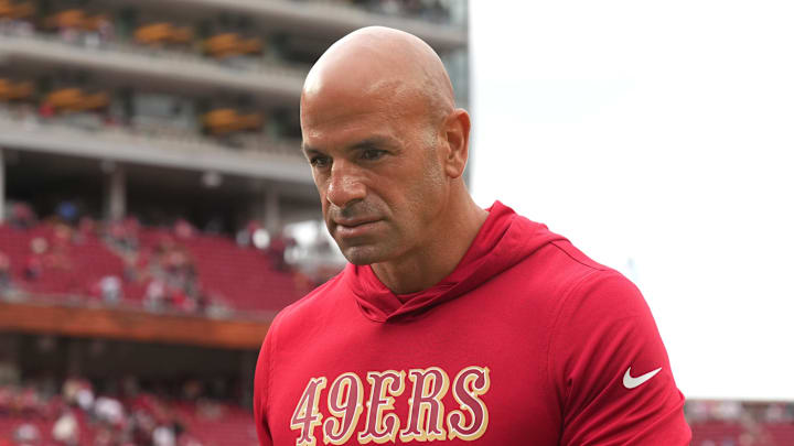 Sep 28, 2025; Santa Clara, California, USA; San Francisco 49ers defensive coordinator Robert Saleh walks off of the field after the game against the Jacksonville Jaguars at Levi's Stadium. Mandatory Credit: Darren Yamashita-Imagn Images