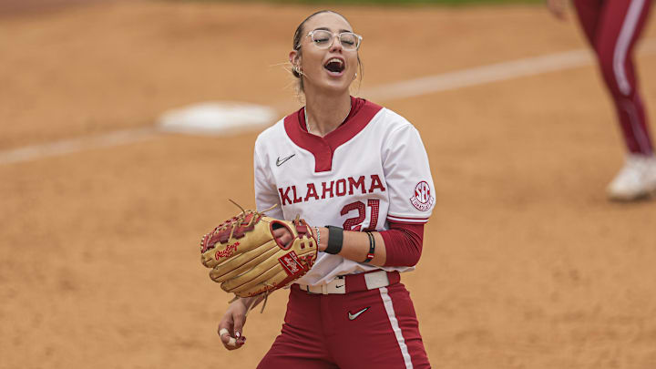 Oklahoma starting pitcher Sam Landry reacts after the last out is made by LSU at Jack Turner Stadium.