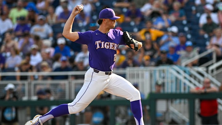 Jun 22, 2023; Omaha, NE, USA; LSU Tigers pitcher Paul Skenes (20) throws against the Wake Forest Demon Deacons in the second inning at Charles Schwab Field Omaha. Mandatory Credit: Steven Branscombe-Imagn Images Jun 22, 2023; Omaha, NE, USA; LSU Tigers pitcher Paul Skenes (20) throws against the Wake Forest Demon Deacons in the second inning at Charles Schwab Field Omaha. Mandatory Credit: Steven Branscombe-Imagn Images