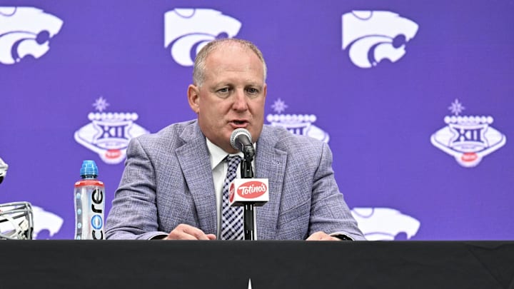Jul 9, 2024; Las Vegas, NV, USA; Head coach Chris Klieman of Kansas State speaks to the media during the Big 12 Media Days at Allegiant Stadium. Jul 9, 2024; Las Vegas, NV, USA; Head coach Chris Klieman of Kansas State speaks to the media during the Big 12 Media Days at Allegiant Stadium.