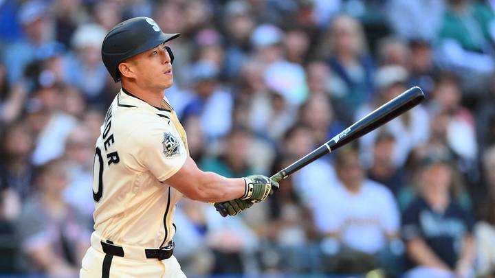 May 17, 2026; Seattle, Washington, USA; Seattle Mariners pinch hitter Rob Refsnyder (30) hits a sacrafice fly ball against the San Diego Padres during the sixth inning at T-Mobile Park. Mandatory Credit: Steven Bisig-Imagn Images May 17, 2026; Seattle, Washington, USA; Seattle Mariners pinch hitter Rob Refsnyder (30) hits a sacrafice fly ball against the San Diego Padres during the sixth inning at T-Mobile Park. Mandatory Credit: Steven Bisig-Imagn Images