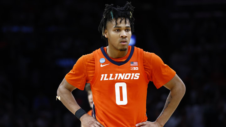 Fighting Illini guard Terrence Shannon Jr. reacts against the Connecticut Huskies during game in the 2024 NCAA Tournament.