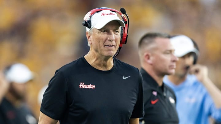 Oct 25, 2025; Tempe, Arizona, USA; Houston Cougars head coach Willie Fritz against the Arizona State Sun Devils at Mountain America Stadium. Oct 25, 2025; Tempe, Arizona, USA; Houston Cougars head coach Willie Fritz against the Arizona State Sun Devils at Mountain America Stadium.