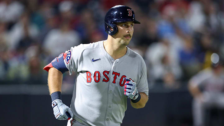 Sep 20, 2025; Tampa, Florida, USA; Boston Red Sox first baseman Nathaniel Lowe (37) reacts after hitting an rbi sacrifice fly ball against the Tampa Bay Rays in the sixth inning at George M. Steinbrenner Field. Mandatory Credit: Nathan Ray Seebeck-Imagn Images