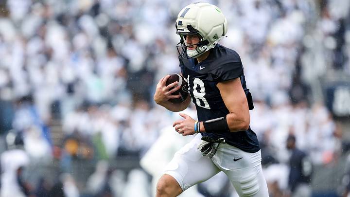 Penn State Nittany Lions tight end Benjamin Brahmer (18) runs with the ball during practice at Beaver Stadium. Penn State Nittany Lions tight end Benjamin Brahmer (18) runs with the ball during practice at Beaver Stadium.