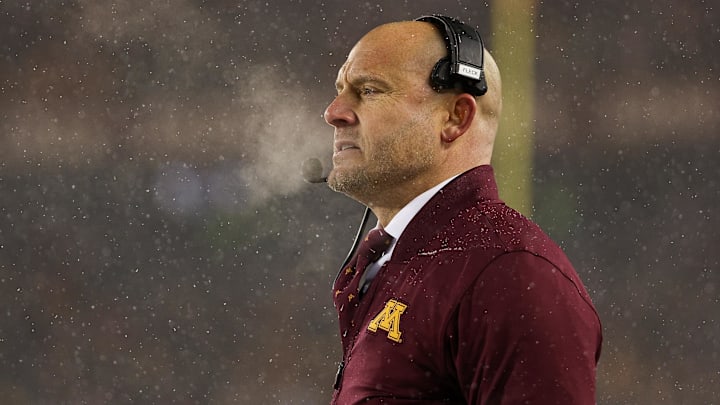 Nov 29, 2025; Minneapolis, Minnesota, USA; Minnesota Golden Gophers head coach P.J. Fleck looks on during the second half against the Wisconsin Badgers at Huntington Bank Stadium.