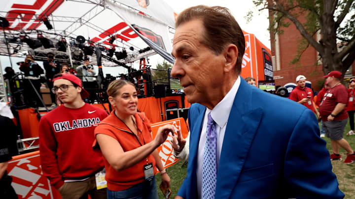 Nick Saban is on his way to the stage at ESPN College GameDay ahead of the University of Oklahoma-Michigan College football game on Sep 6, 2025 in Norman.