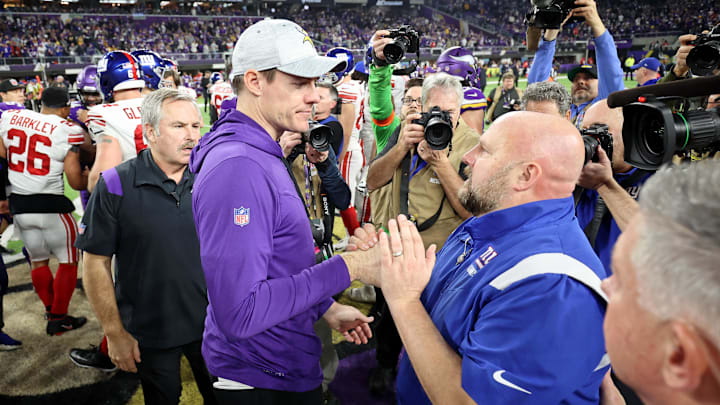 Jan 15, 2023; Minneapolis, Minnesota, USA; Minnesota Vikings head coach Kevin O'Connell and New York Giants head coach Brian Daboll embrace after a wild card game at U.S. Bank Stadium. Jan 15, 2023; Minneapolis, Minnesota, USA; Minnesota Vikings head coach Kevin O'Connell and New York Giants head coach Brian Daboll embrace after a wild card game at U.S. Bank Stadium.