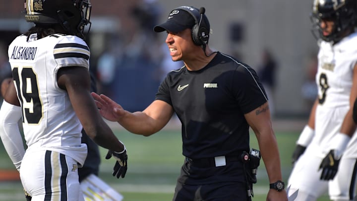 Purdue Boilermakers head coach Ryan Walters reacts on the sidelines 