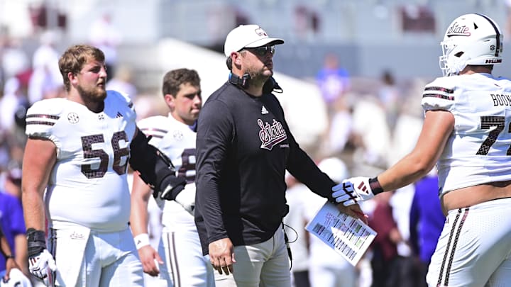 Sep 21, 2024; Starkville, Mississippi, USA;  Mississippi State Bulldogs head coach Jeff Lebby looks onto the field during the fourth quarter against the Florida Gators at Davis Wade Stadium at Scott Field. Mandatory Credit: Matt Bush-Imagn Images