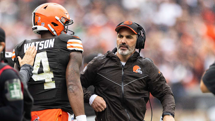 Sep 10, 2023; Cleveland, Ohio, USA; Cleveland Browns head coach Kevin Stefanski congratulates