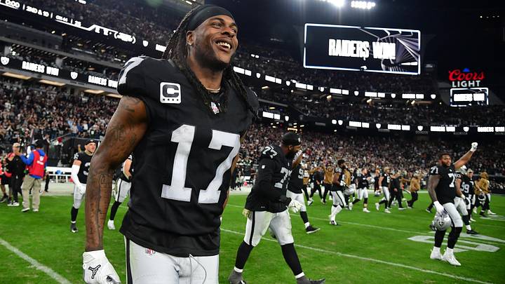 Nov 12, 2023; Paradise, Nevada, USA; Las Vegas Raiders wide receiver Davante Adams (17) celebrates the victory against the New York Jets at Allegiant Stadium. Mandatory Credit: Gary A. Vasquez-USA TODAY Sports