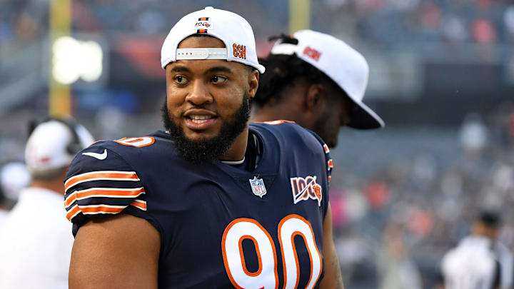 Aug 29, 2019; Chicago, IL, USA; Chicago Bears defensive end Jonathan Bullard (90) sits on the bench during the first half against the Tennessee Titans at Soldier Field. Mandatory Credit: Mike DiNovo-Imagn Images