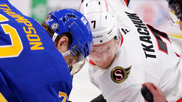 Mar 25, 2025; Buffalo, New York, USA; Buffalo Sabres center Tage Thompson (72) and Ottawa Senators left wing Brady Tkachuk (7) wait for the face-off during the third period at KeyBank Center. Mandatory Credit: Timothy T. Ludwig-Imagn Images Mar 25, 2025; Buffalo, New York, USA; Buffalo Sabres center Tage Thompson (72) and Ottawa Senators left wing Brady Tkachuk (7) wait for the face-off during the third period at KeyBank Center. Mandatory Credit: Timothy T. Ludwig-Imagn Images