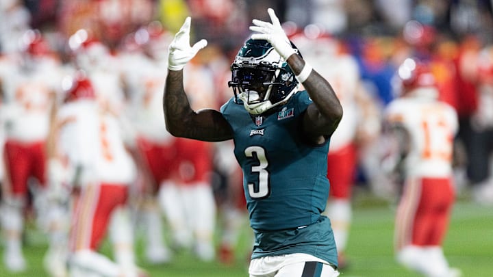 Feb 12, 2023; Glendale, Arizona, US; Philadelphia Eagles wide receiver Zach Pascal (3) reacts