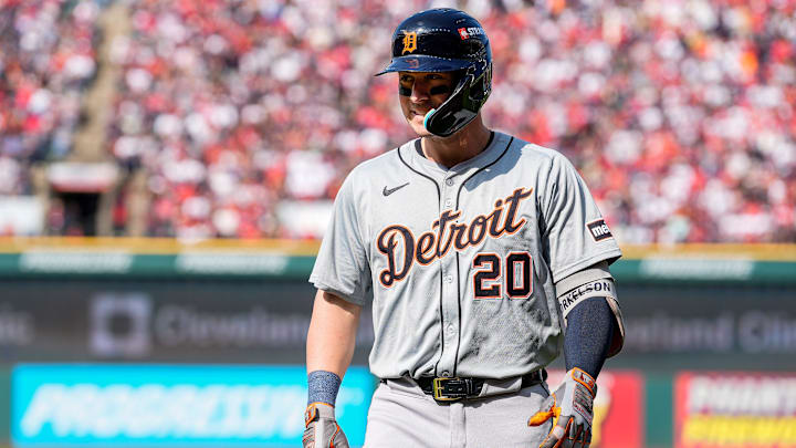 Detroit Tigers first baseman Spencer Torkelson (20) reacts after struck out against Cleveland Guardians during the second inning at Game 5 of ALDS at Progressive Field in Cleveland, Ohio on Saturday, Oct. 12, 2024.