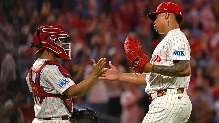 Jun 2, 2026; Philadelphia, Pennsylvania, USA; Philadelphia Phillies pitcher Jhoan Duran (59) and catcher Garrett Stubbs (21) celebrate win against the San Diego Padres at Citizens Bank Park.