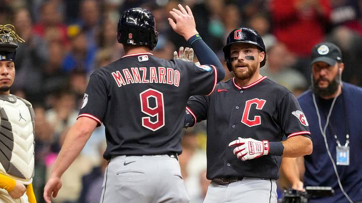 Jun 17, 2026: Cleveland Guardians third baseman Daniel Schneemann (10) celebrates with first baseman Kyle Manzardo (9) after hitting a grand slam home run during the fourth inning against the Milwaukee Brewers at American Family Field. Credit: Jeff Hanisch-Imagn Images