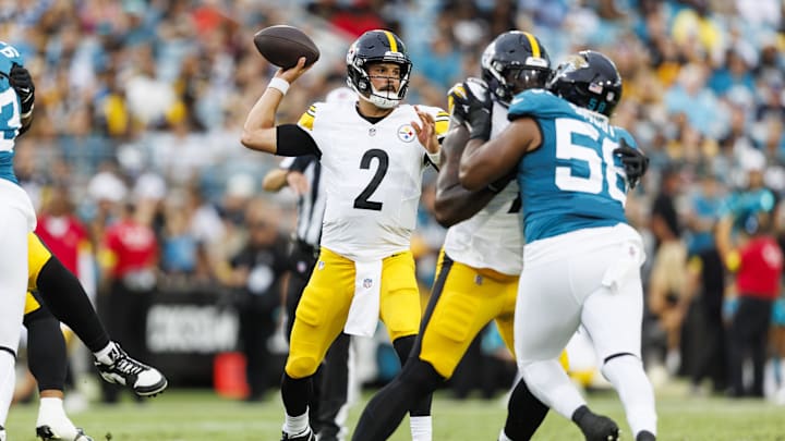 Aug 9, 2025; Jacksonville, Florida, USA; Pittsburgh Steelers quarterback Mason Rudolph (2) throws the ball against the Jacksonville Jaguars during the first quarter at EverBank Stadium. Mandatory Credit: Morgan Tencza-Imagn Images