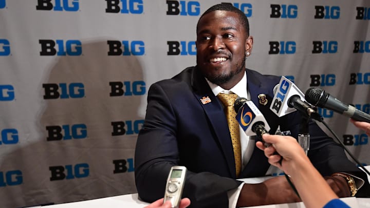 Minnesota linebacker Jonathan Celestin talks during the Big Ten football media day at Hyatt Regency McCormick Place in Chicago on July 25, 2017.