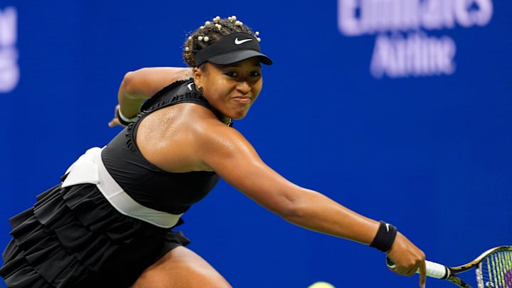 Aug 29, 2024; Flushing, NY, USA;  Karolina Muchova (CZE) hits to Naomi Osaka (JPN) on day four of the 2024 U.S. Open tennis tournament at USTA Billie Jean King National Tennis Center. Mandatory Credit: Robert Deutsch-Imagn Images