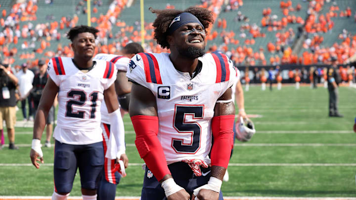 Sep 8, 2024; Cincinnati, Ohio, USA;  New England Patriots safety Jabrill Peppers (5) celebrates following the win over the Cincinnati Bengals at Paycor Stadium.