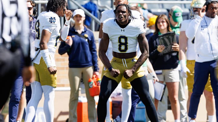 Notre Dame safety Adon Shuler (8) celebrates during the Notre Dame Blue-Gold spring football game at Notre Dame Stadium on Saturday, April 12, 2025, in South Bend. Notre Dame safety Adon Shuler (8) celebrates during the Notre Dame Blue-Gold spring football game at Notre Dame Stadium on Saturday, April 12, 2025, in South Bend.