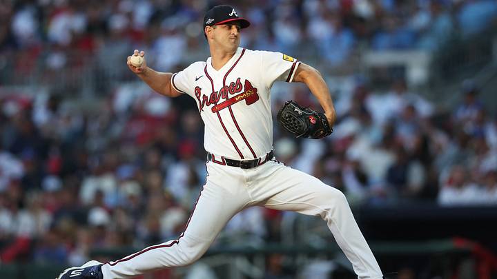 Oct 7, 2026; Cumberland, Georgia, USA;  Atlanta Braves pitcher Tyler Mahle (54) pitches during the second inning against the Los Angeles Dodgers in game four of the NLDS for the 2026 MLB Playoffs at Truist Park.  Mandatory Credit: Brett Davis-Imagn Images