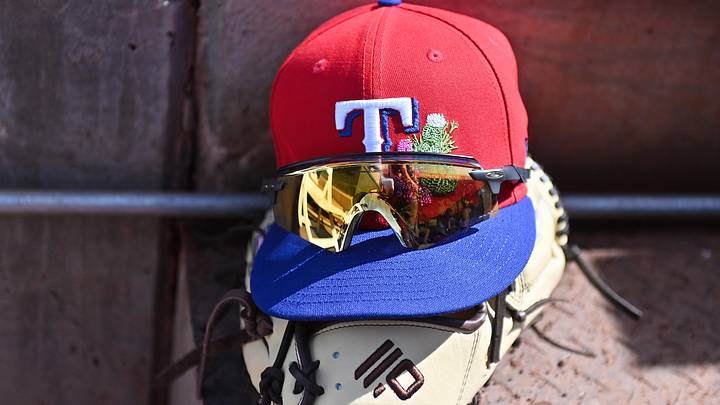General view of a Texas Rangers hat. Credit: Matt Kartozian-Imagn Images