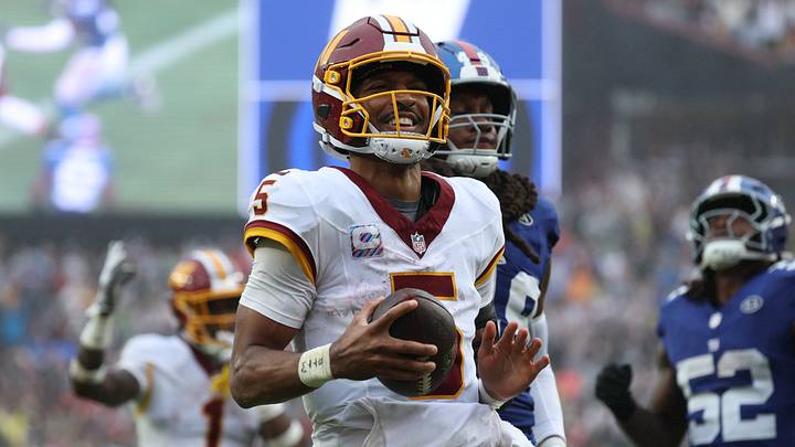 Oct 11, 2026; Landover, Maryland, USA; Washington Commanders quarterback Jayden Daniels (5) celebrates scoring a touchdown during the fourth quarter against the New York Giants at Northwest Stadium. Mandatory Credit: Amber Searls-Imagn Images Oct 11, 2026; Landover, Maryland, USA; Washington Commanders quarterback Jayden Daniels (5) celebrates scoring a touchdown during the fourth quarter against the New York Giants at Northwest Stadium. Mandatory Credit: Amber Searls-Imagn Images