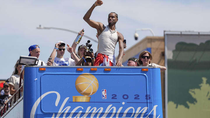 Oklahoma City Thunder guard Shai Gilgeous-Alexander gestures to the crowd as the Oklahoma City Thunder celebrate their first NBA Finals title win with a champions parade throughout downtown Oklahoma City on Tuesday, June 24, 2025. Mandatory Credit: Bryan Terry/USA TODAY NETWORK via Imagn Images Oklahoma City Thunder guard Shai Gilgeous-Alexander gestures to the crowd as the Oklahoma City Thunder celebrate their first NBA Finals title win with a champions parade throughout downtown Oklahoma City on Tuesday, June 24, 2025. Mandatory Credit: Bryan Terry/USA TODAY NETWORK via Imagn Images